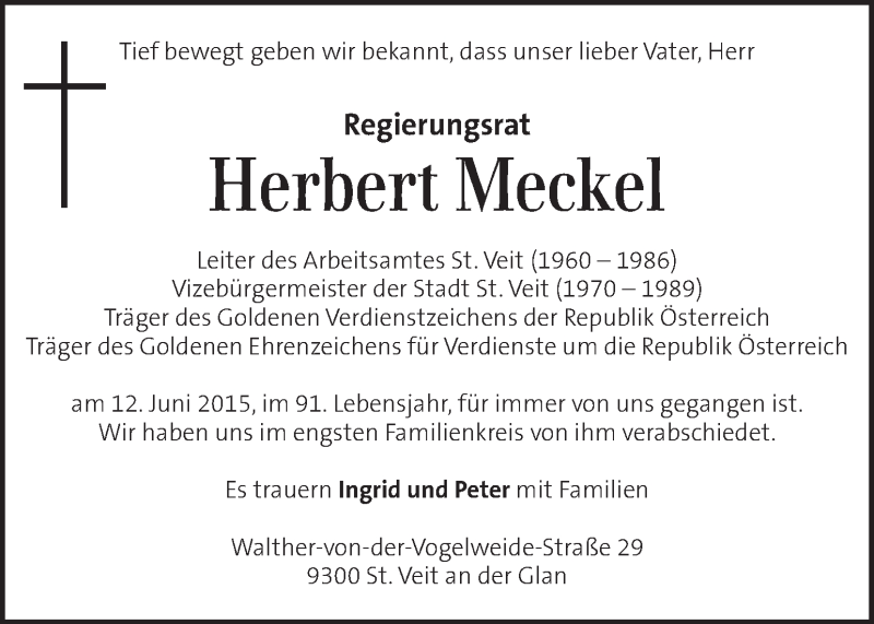 Traueranzeigen Von Herbert Meckel Trauer Kleinezeitung At