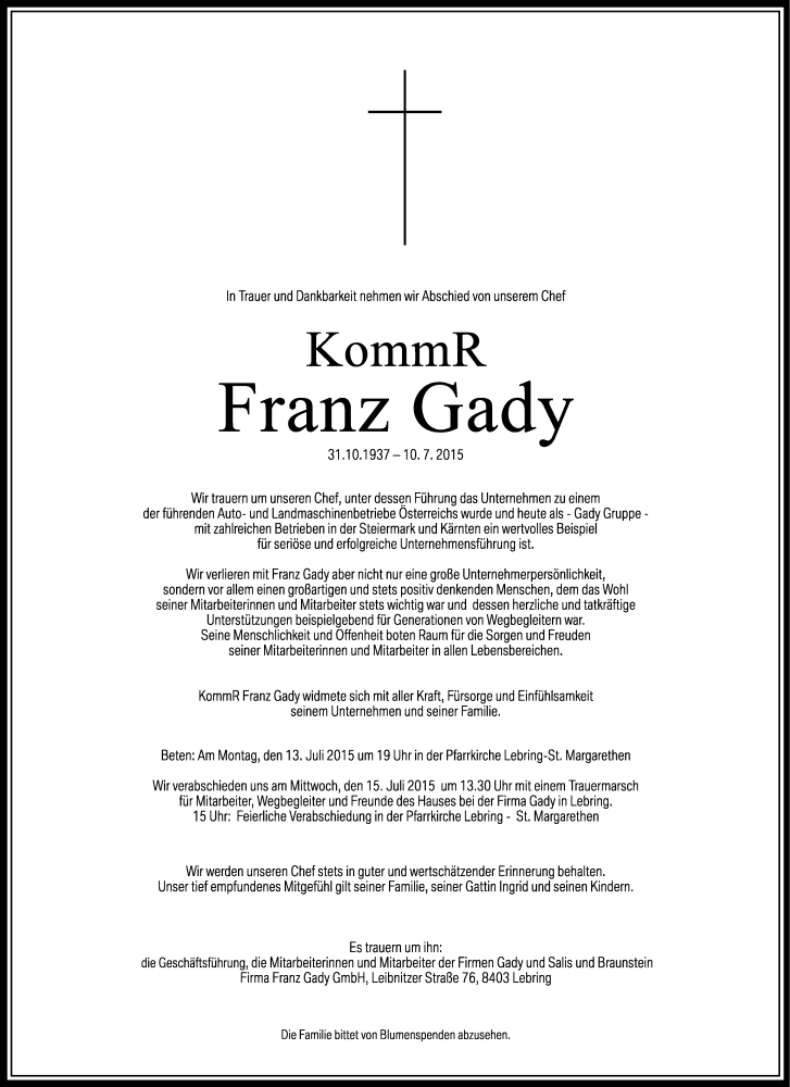  Traueranzeige für Franz Gady vom 12.07.2015 aus Kleine Zeitung