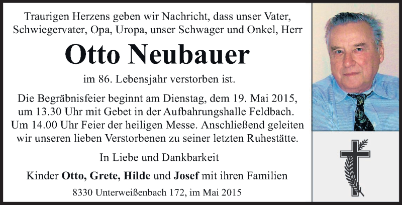 Traueranzeigen Von Otto Neubauer Trauer Kleinezeitung At