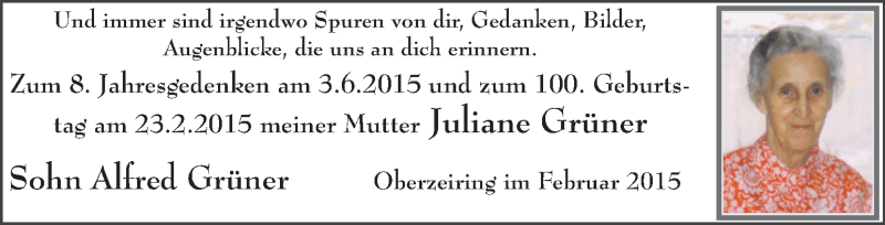  Traueranzeige für Juliane Grüner vom 20.02.2015 aus Kleine Zeitung