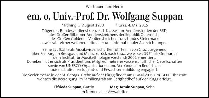  Traueranzeige für Wolfgang Suppan vom 07.05.2015 aus Kleine Zeitung