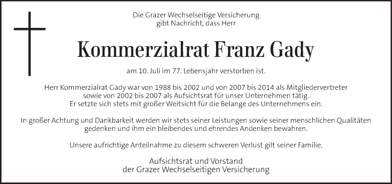  Traueranzeige für Franz Gady vom 14.07.2015 aus Kleine Zeitung