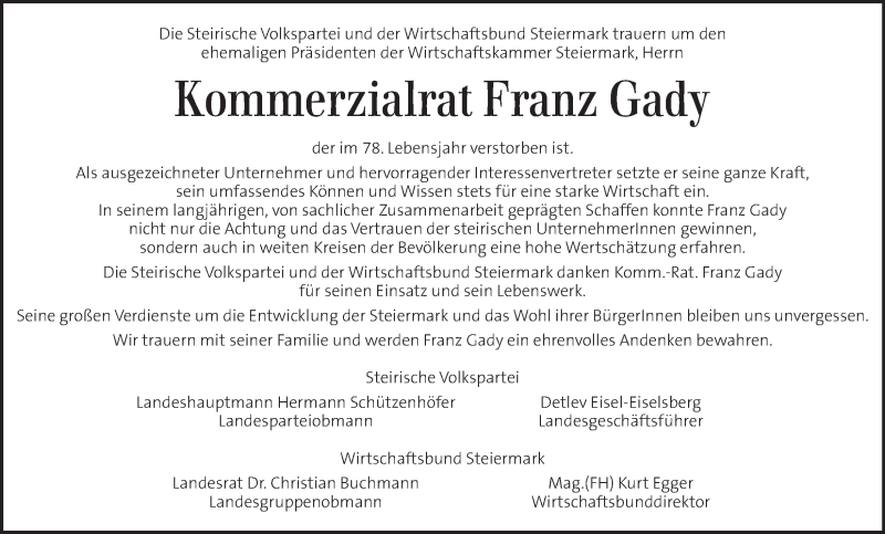  Traueranzeige für Franz Gady vom 14.07.2015 aus Kleine Zeitung