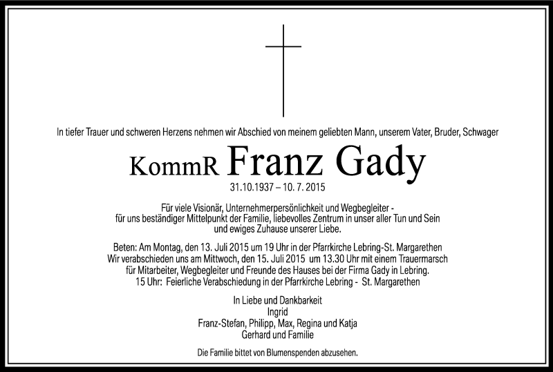  Traueranzeige für Franz Gady vom 12.07.2015 aus Kleine Zeitung