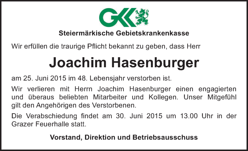  Traueranzeige für Joachim Hasenburger vom 30.06.2015 aus Kleine Zeitung