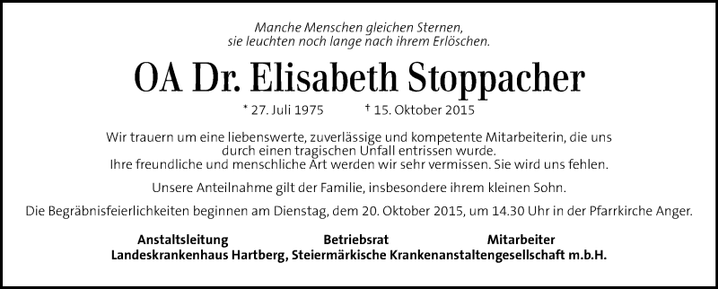 Traueranzeige für Elisabeth Stoppacher  vom 20.10.2015 aus Kleine Zeitung