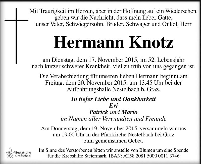  Traueranzeige für Hermann Knotz vom 19.11.2015 aus Kleine Zeitung