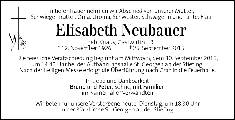 Traueranzeigen Von Elisabeth Neubauer Trauer Kleinezeitung At