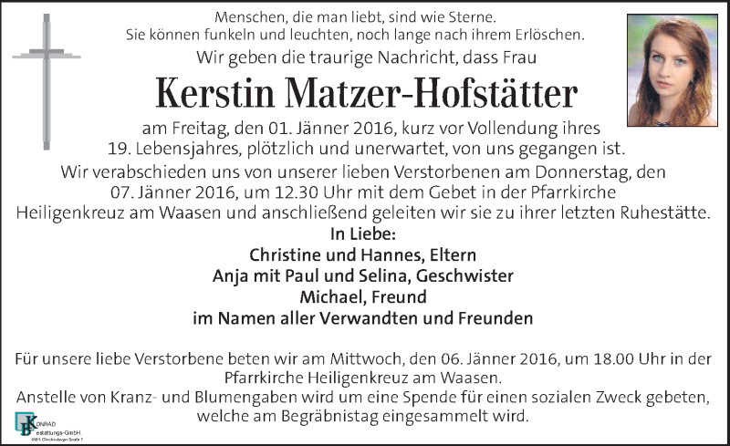  Traueranzeige für Kerstin Matzer-Hofstätter vom 05.01.2016 aus Kleine Zeitung