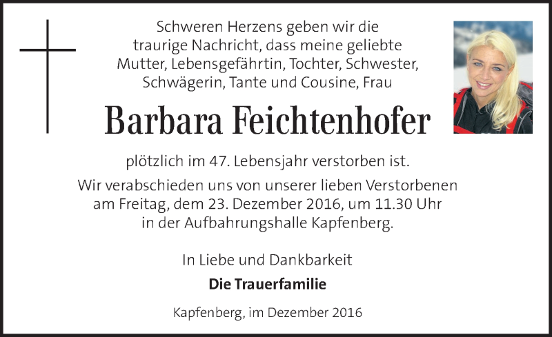  Traueranzeige für Barbara Feichtenhofer vom 21.12.2016 aus Kleine Zeitung