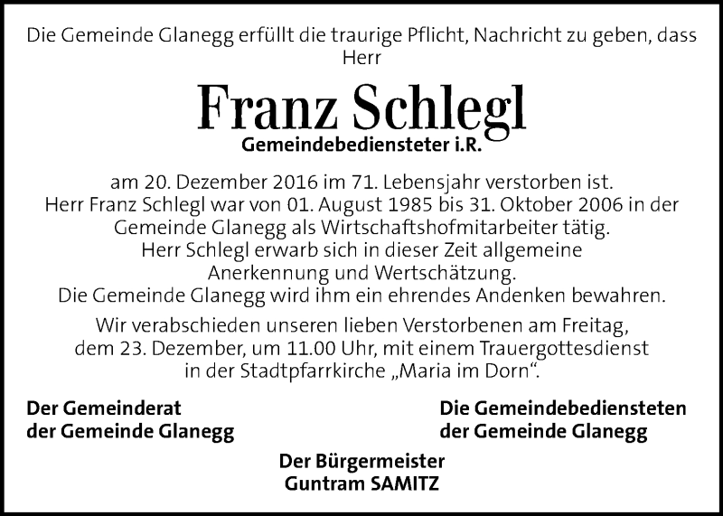  Traueranzeige für Franz Schlegl vom 23.12.2016 aus Kleine Zeitung