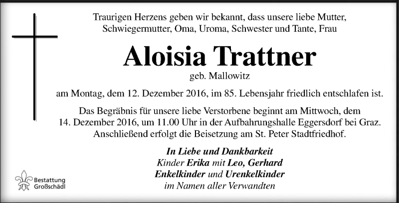 Traueranzeigen Von Aloisia Trattner Trauer Kleinezeitung At