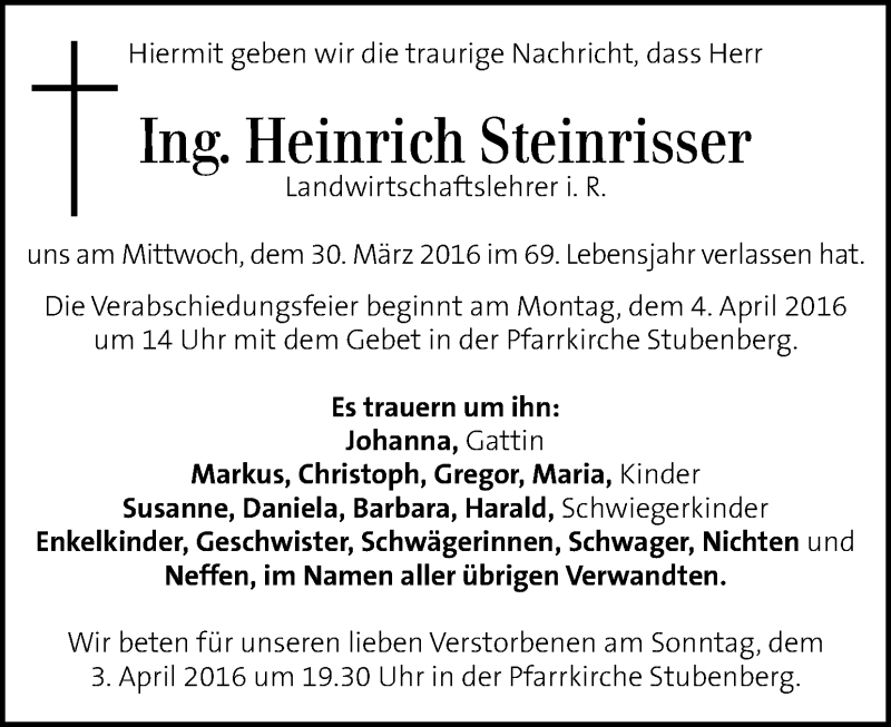  Traueranzeige für Heinrich Steinrisser vom 01.04.2016 aus Kleine Zeitung