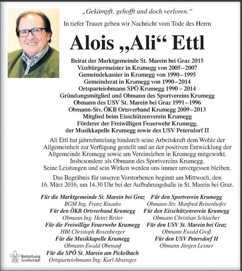  Traueranzeige für Alois Ettl vom 15.03.2016 aus Kleine Zeitung