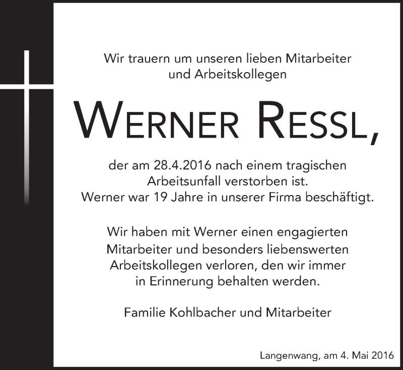  Traueranzeige für Werner Ressl vom 04.05.2016 aus Kleine Zeitung