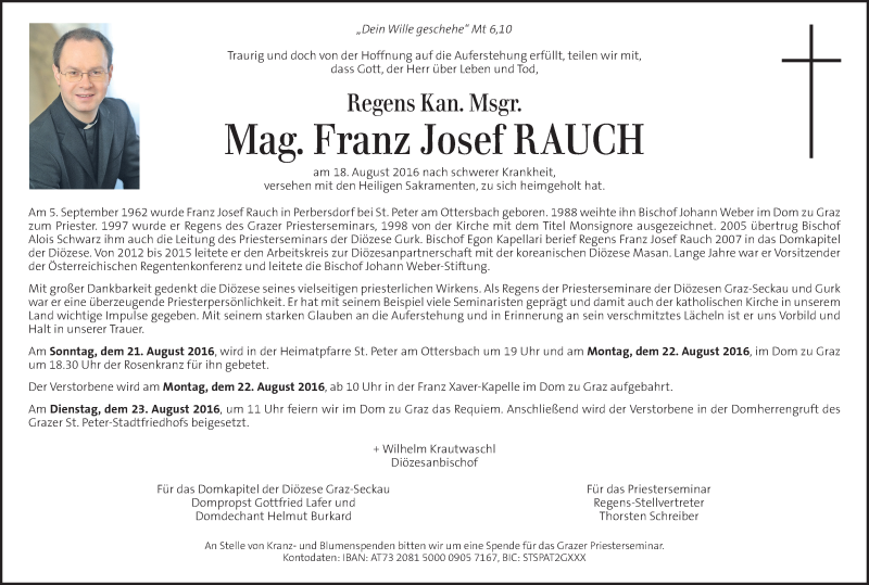  Traueranzeige für Franz Josef Rauch vom 20.08.2016 aus Kleine Zeitung