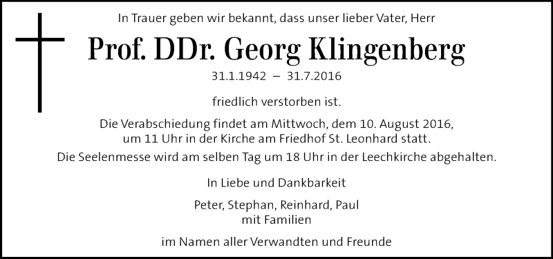  Traueranzeige für Georg Klingenberg vom 05.08.2016 aus Kleine Zeitung