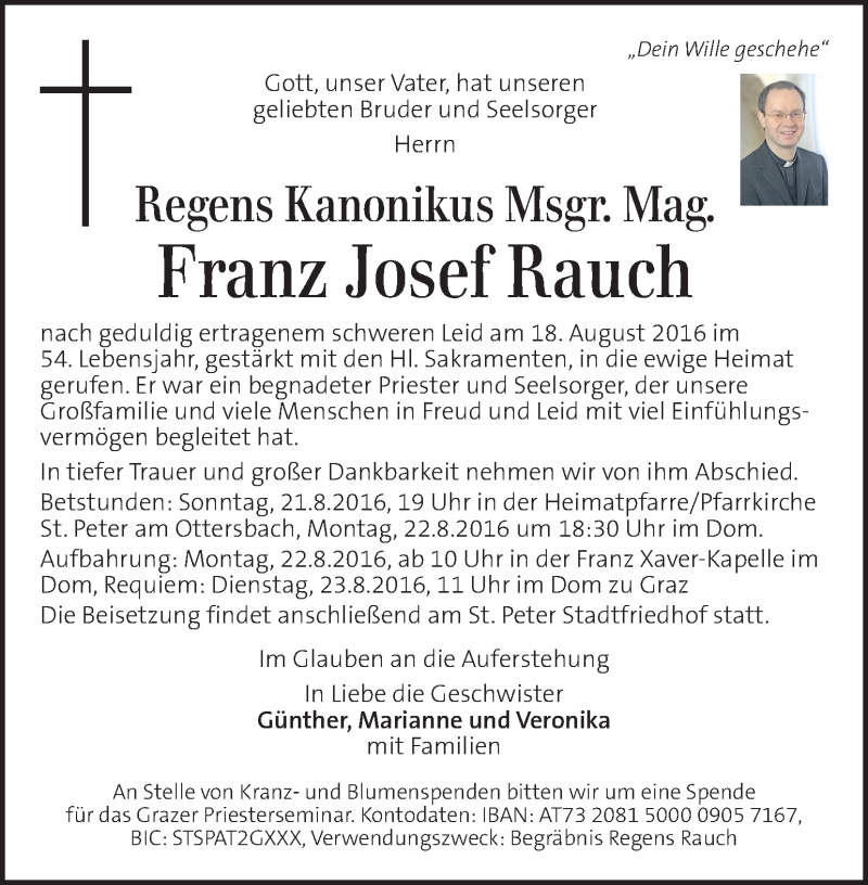  Traueranzeige für Franz Josef Rauch vom 20.08.2016 aus Kleine Zeitung