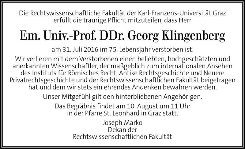  Traueranzeige für Georg Klingenberg vom 06.08.2016 aus Kleine Zeitung