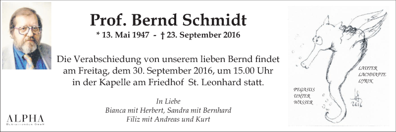  Traueranzeige für Bernd Schmidt vom 27.09.2016 aus Kleine Zeitung