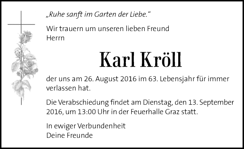  Traueranzeige für Karl Kröll vom 02.09.2016 aus Kleine Zeitung