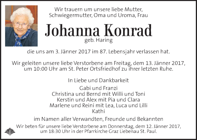  Traueranzeige für Johanna Konrad vom 10.01.2017 aus Kleine Zeitung