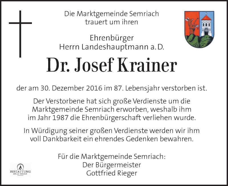  Traueranzeige für Josef Krainer vom 05.01.2017 aus Kleine Zeitung