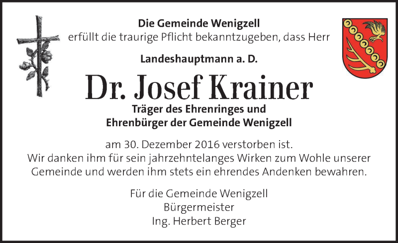  Traueranzeige für Josef Krainer vom 06.01.2017 aus Kleine Zeitung