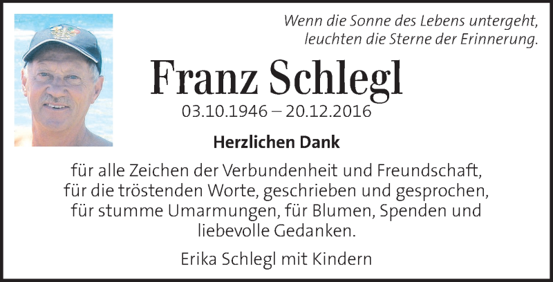  Traueranzeige für Franz Schlegl vom 15.01.2017 aus Kleine Zeitung