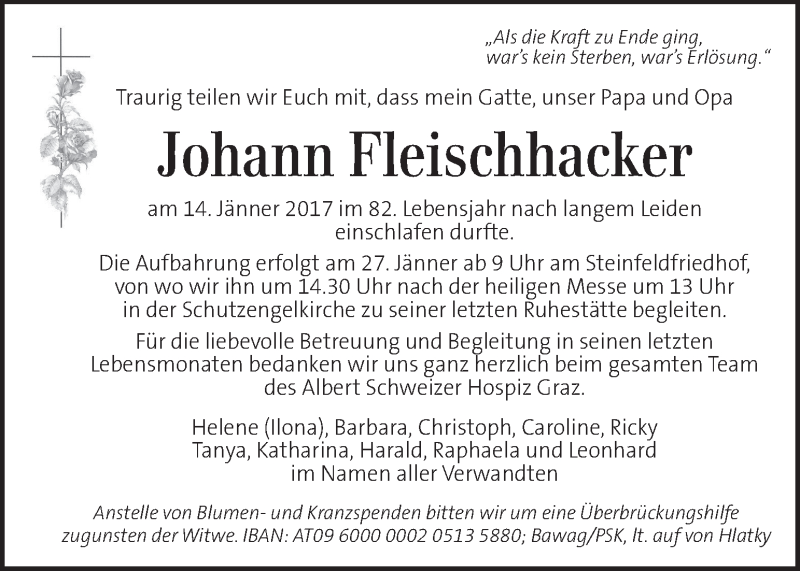  Traueranzeige für Johann Fleischhacker vom 20.01.2017 aus Kleine Zeitung