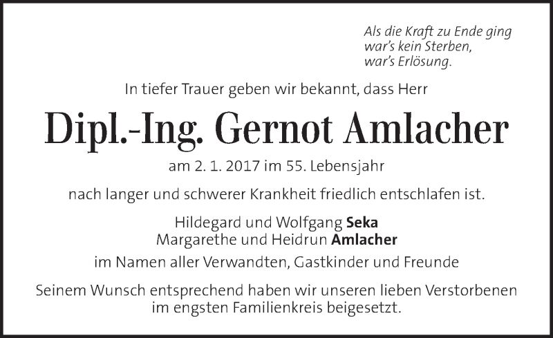  Traueranzeige für Gernot Amlacher  vom 11.01.2017 aus Kleine Zeitung