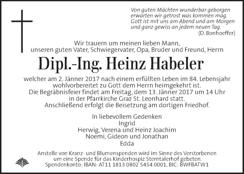  Traueranzeige für Heinz Habeler vom 10.01.2017 aus Kleine Zeitung