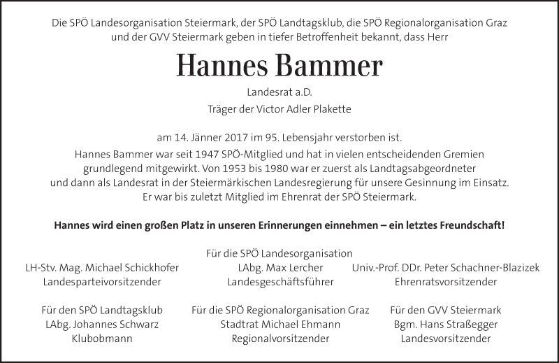  Traueranzeige für Hannes Bammer vom 19.01.2017 aus Kleine Zeitung