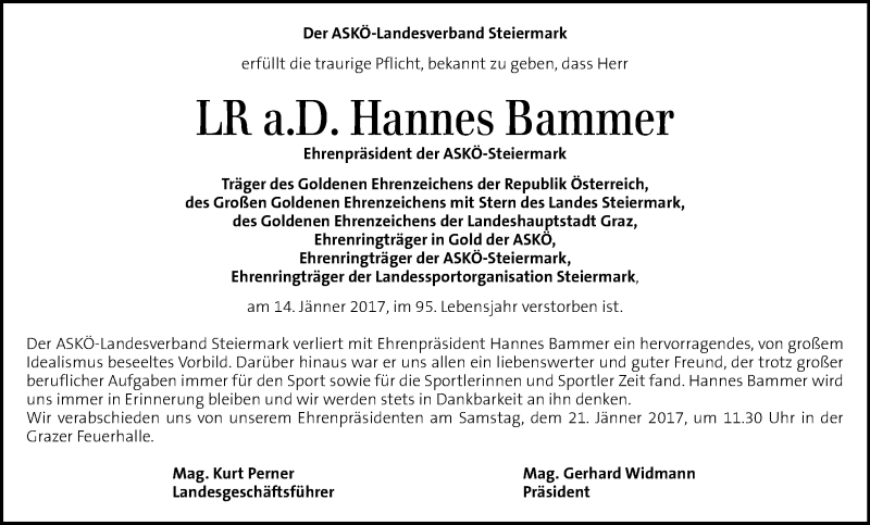  Traueranzeige für Hannes Bammer vom 18.01.2017 aus Kleine Zeitung
