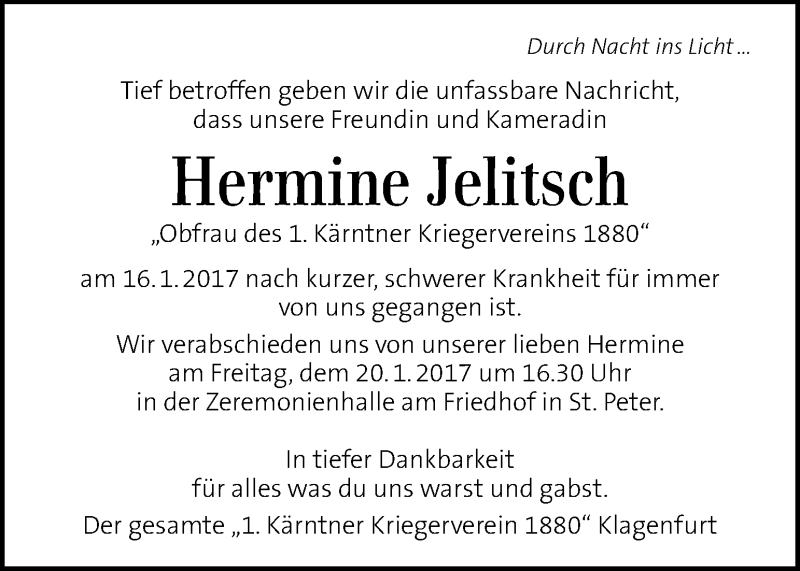  Traueranzeige für Hermine Jelitsch vom 19.01.2017 aus Kleine Zeitung