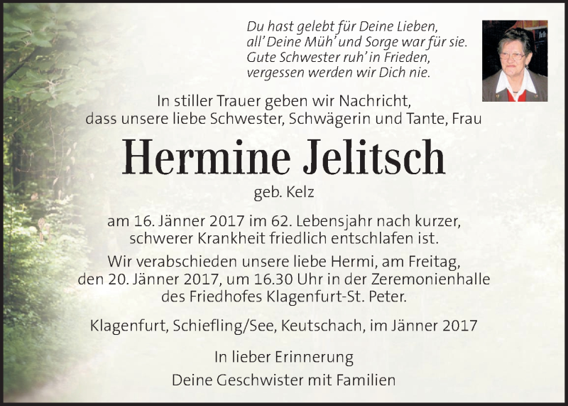  Traueranzeige für Hermine Jelitsch vom 19.01.2017 aus Kleine Zeitung