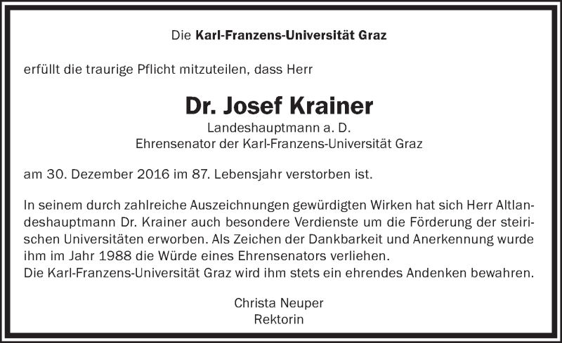  Traueranzeige für Josef Krainer vom 05.01.2017 aus Kleine Zeitung