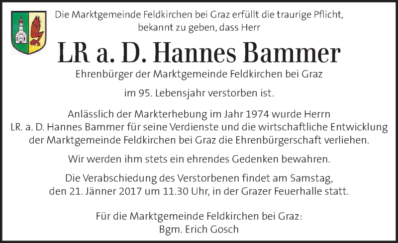  Traueranzeige für Hannes Bammer vom 20.01.2017 aus Kleine Zeitung