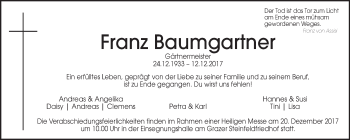 Traueranzeigen Von Franz Baumgartner Trauer Kleinezeitung At