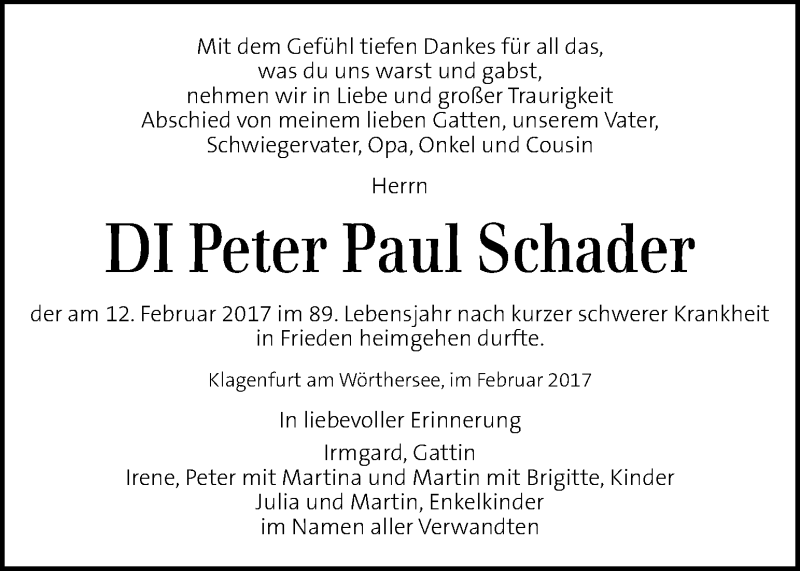  Traueranzeige für Peter Paul Schader vom 22.02.2017 aus Kleine Zeitung