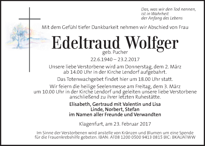  Traueranzeige für Edeltraud Wolfger vom 28.02.2017 aus Kleine Zeitung
