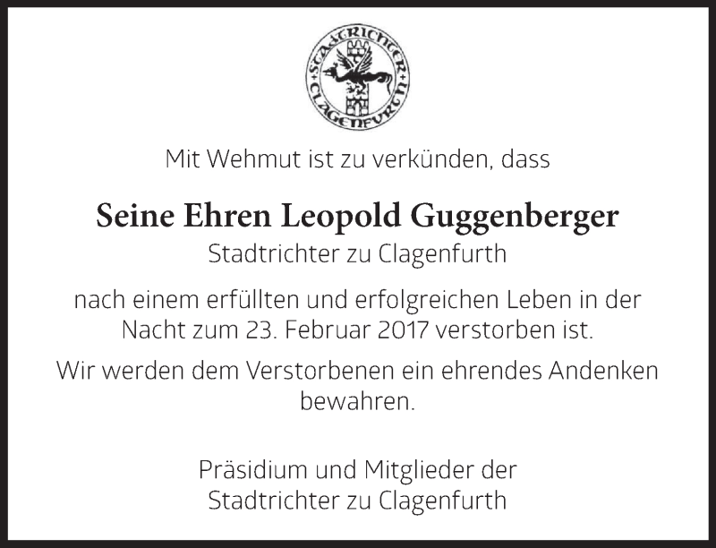  Traueranzeige für Leopold Guggenberger vom 26.02.2017 aus Kleine Zeitung