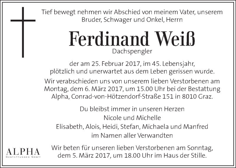  Traueranzeige für Ferdinand Weiß vom 04.03.2017 aus Kleine Zeitung