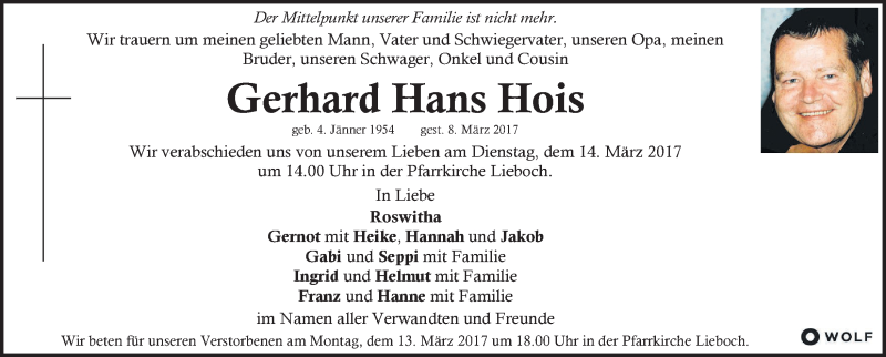  Traueranzeige für Gerhard Hans Hois vom 11.03.2017 aus Kleine Zeitung