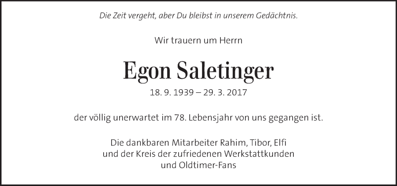  Traueranzeige für Egon Saletinger vom 06.04.2017 aus Kleine Zeitung