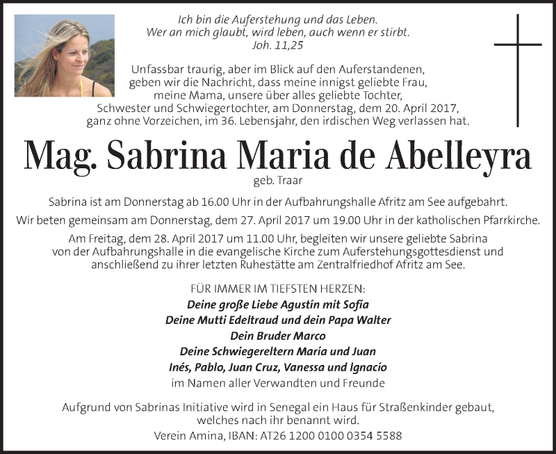  Traueranzeige für Mag. Sabrina Maria de Abelleyra vom 27.04.2017 aus Kleine Zeitung