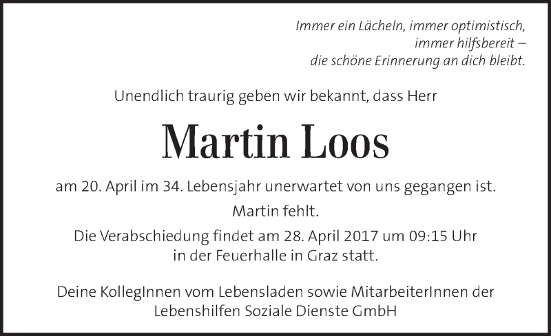  Traueranzeige für Martin Loos vom 27.04.2017 aus Kleine Zeitung