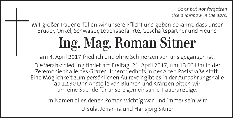  Traueranzeige für Roman Sitner  vom 19.04.2017 aus Kleine Zeitung