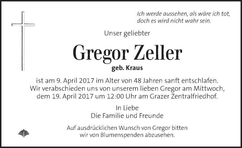 Traueranzeige für Gregor Zeller vom 12.04.2017 aus Kleine Zeitung