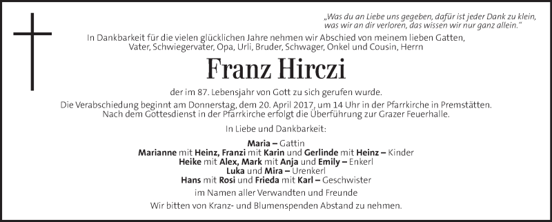  Traueranzeige für Franz Hirczi vom 14.04.2017 aus Kleine Zeitung
